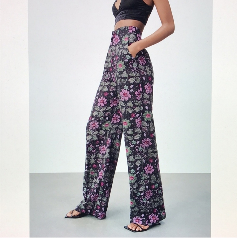 NWT! Zara High Waist Wide Leg Floral Pants Size XL Black Green Pink